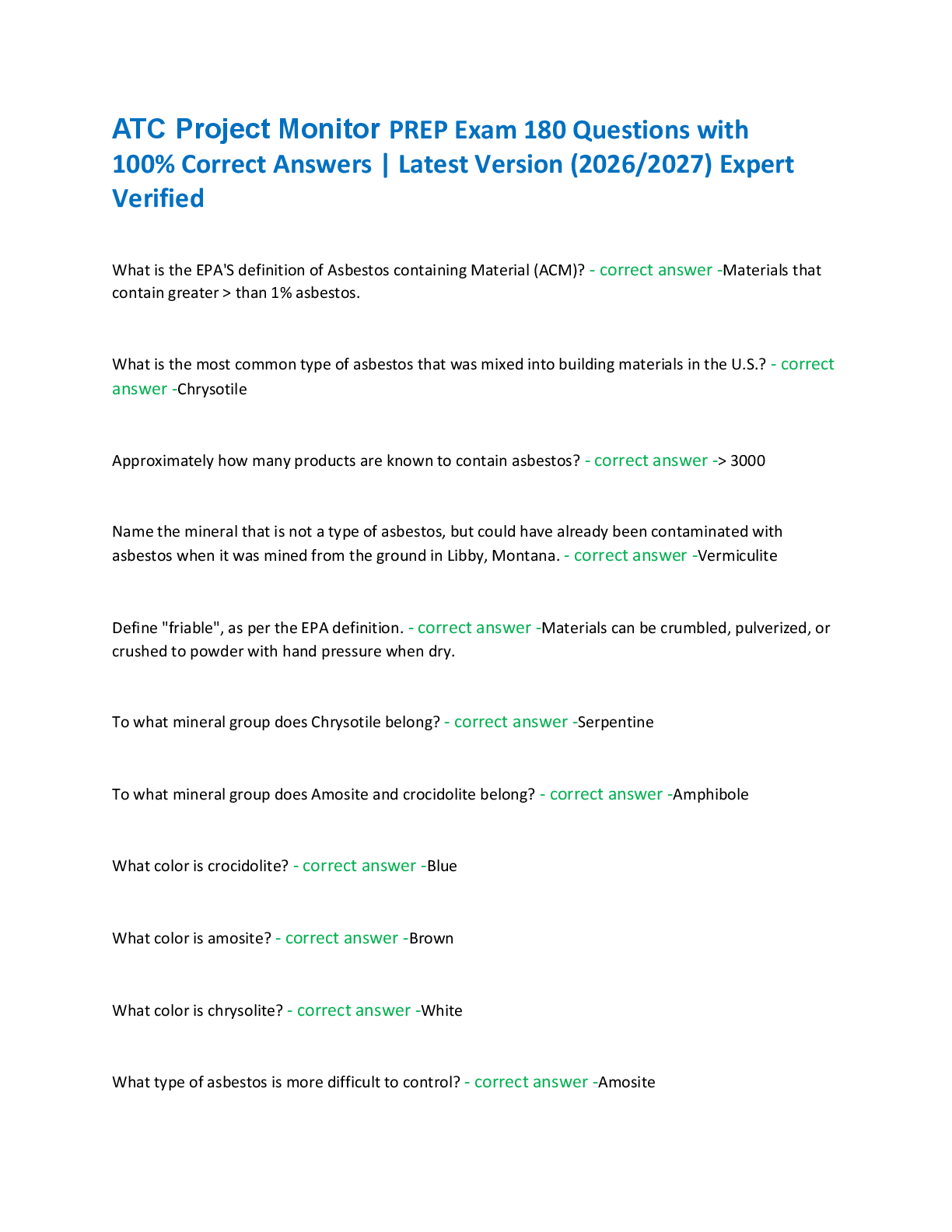 Recommended document preview for ATC Project Monitor PREP Exam 180 Questions with  100% Correct Answers | Latest Version (2026/2027) Expert  Verified