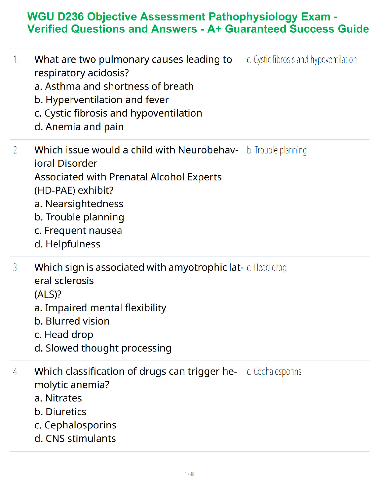 Preview of WGU D236 Objective Assessment Pathophysiology Exam - Verified Questions and Answers - A+ Guaranteed Success Guide
