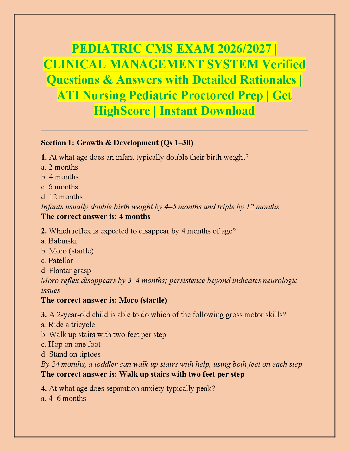 Preview of PEDIATRIC CMS EXAM 2026/2027 |  CLINICAL MANAGEMENT SYSTEM Verified  Questions & Answers with Detailed Rationales |  ATI Nursing Pediatric Proctored Prep | Get  HighScore | Instant Download