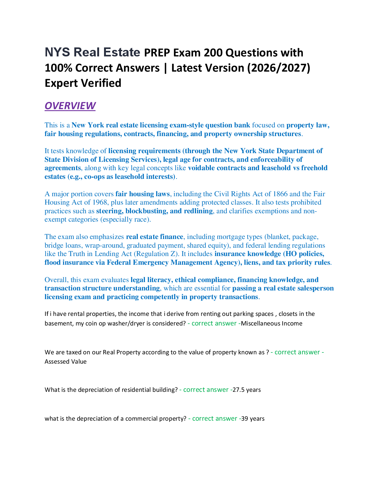 Recommended document preview for NYS Real Estate PREP Exam 200 Questions with  100% Correct Answers | Latest Version (2026/2027)  Expert Verified