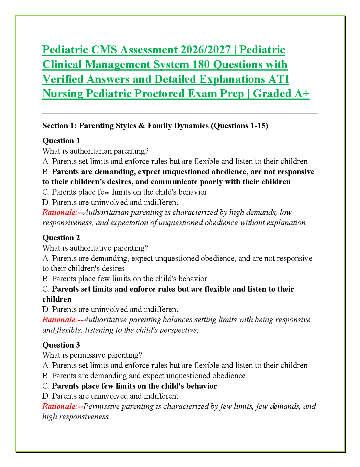 Preview of Pediatric CMS Assessment 2026/2027 | Pediatric  Clinical Management System 180 Questions with  Verified Answers and Detailed Explanations ATI  Nursing Pediatric Proctored Exam Prep | Graded A+