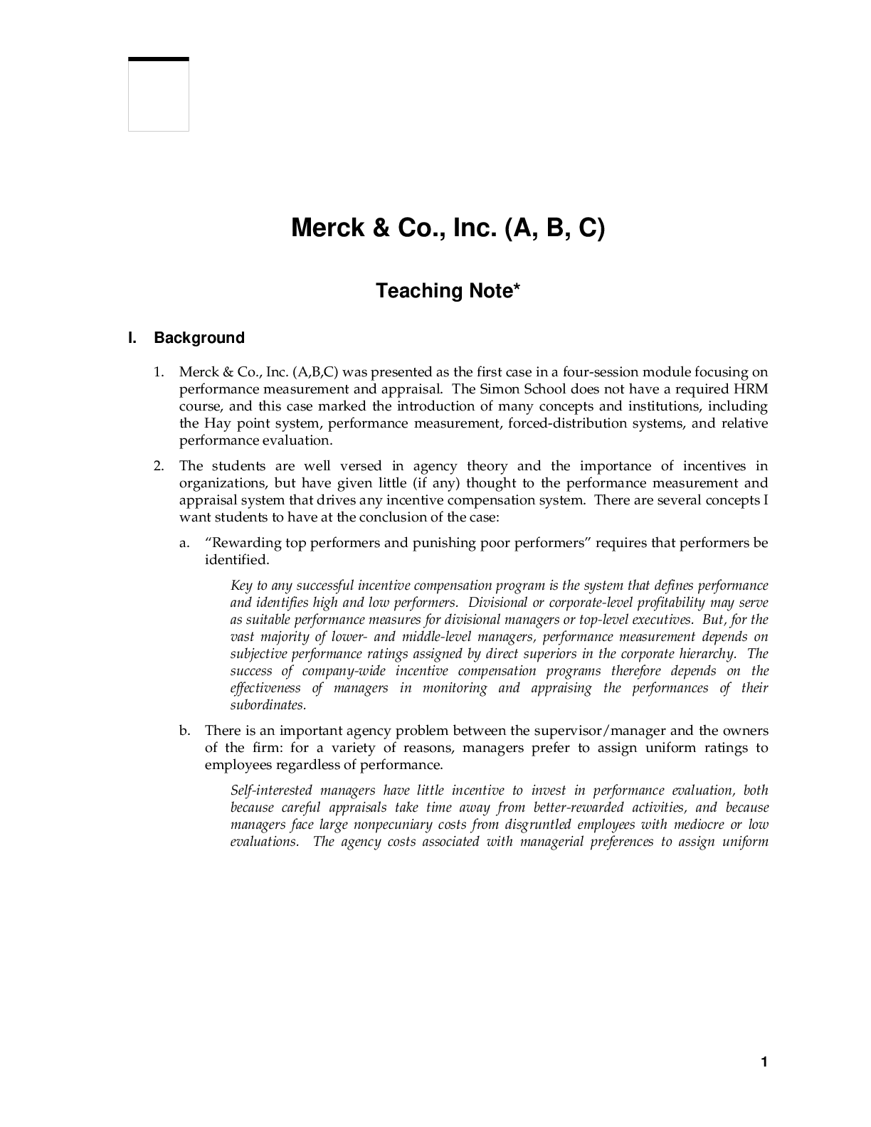 Preview of Harvard case Solutions/ Answers for MERCK & CO., INC. (A) by Kevin J. Murphy