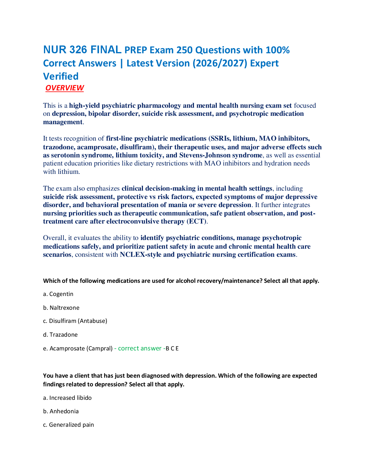 Recommended document preview for NUR 326 FINAL PREP Exam 250 Questions with 100%  Correct Answers | Latest Version (2026/2027) Expert  Verified