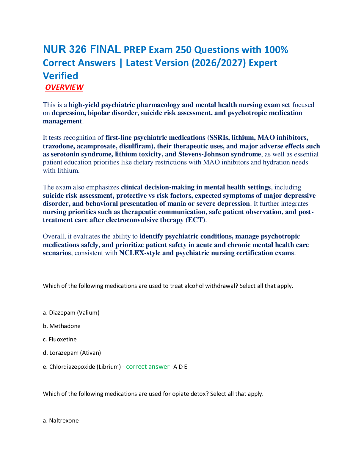 Recommended document preview for NUR 326 FINAL PREP Exam 250 Questions with 100%  Correct Answers | Latest Version (2026/2027) Expert  Verified