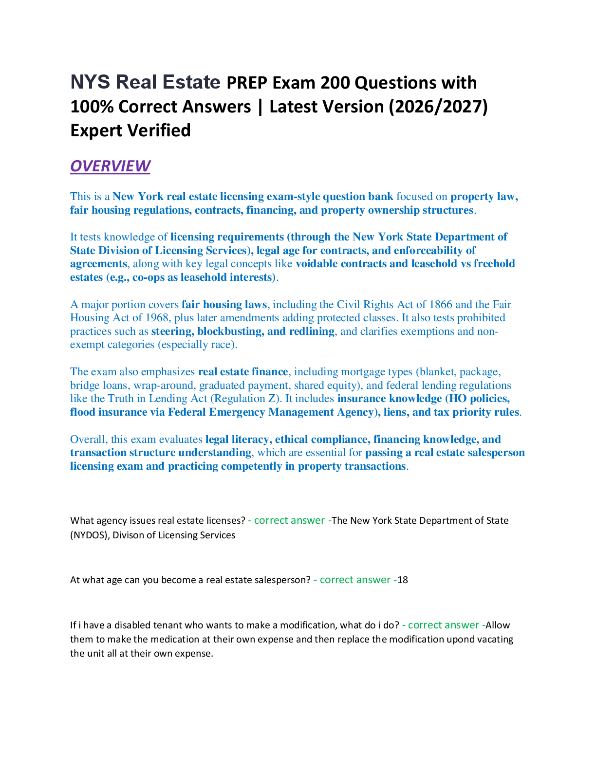 Recommended document preview for NYS Real Estate PREP Exam 200 Questions with  100% Correct Answers | Latest Version (2026/2027)  Expert Verified