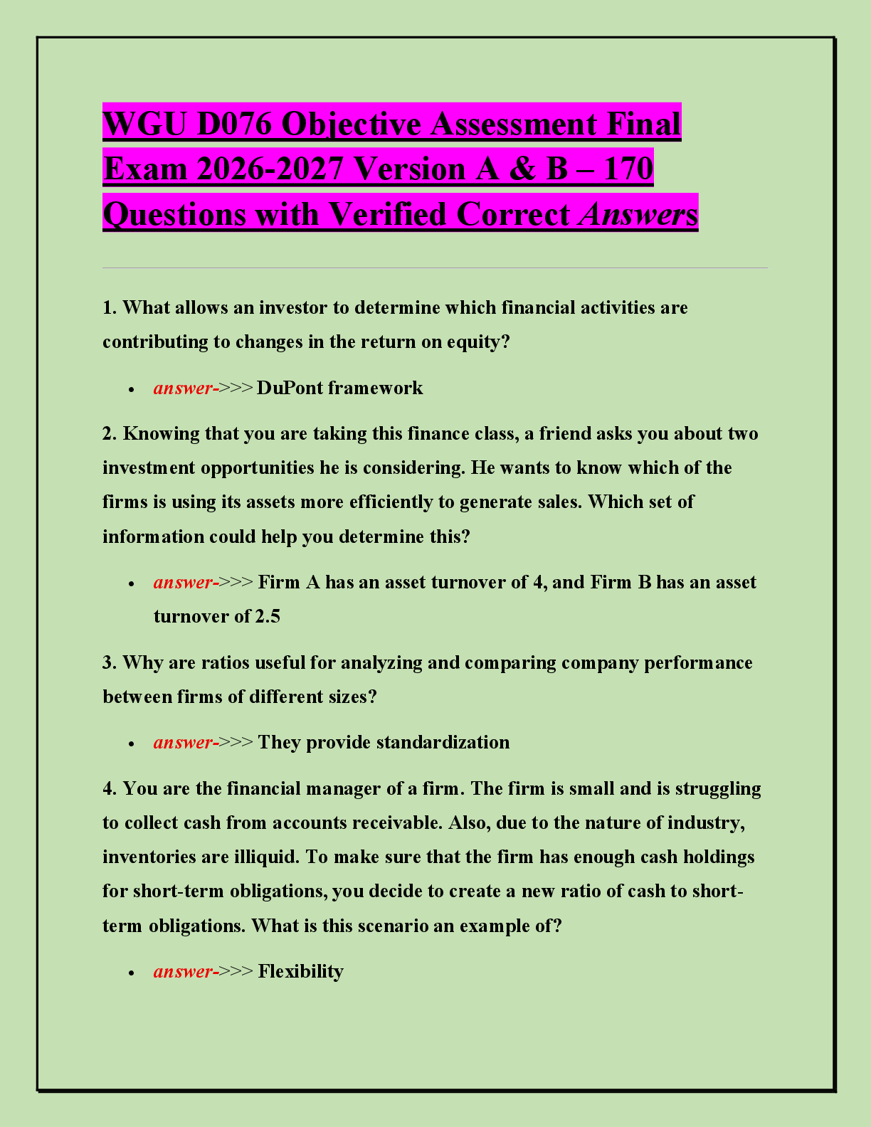 Recommended document preview for WGU D076 Objective Assessment Final  Exam 2026-2027 Version A & B – 170  Questions with Verified Correct Answers