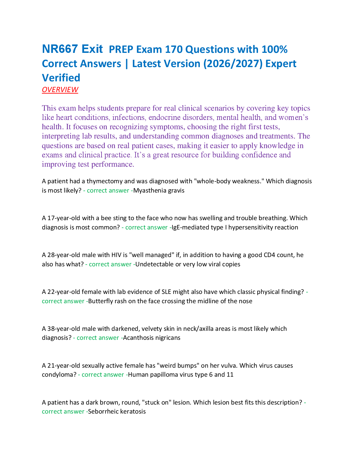 Recommended document preview for NR667 Exit  PREP Exam 170 Questions with 100%  Correct Answers | Latest Version (2026/2027) Expert  Verified