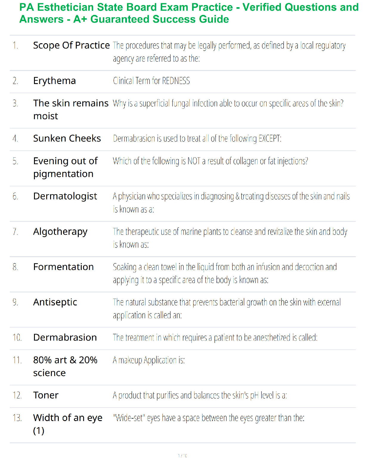 PA Esthetician State Board Exam Practice - Verified Questions and Answers - A+ Guaranteed Success Guide