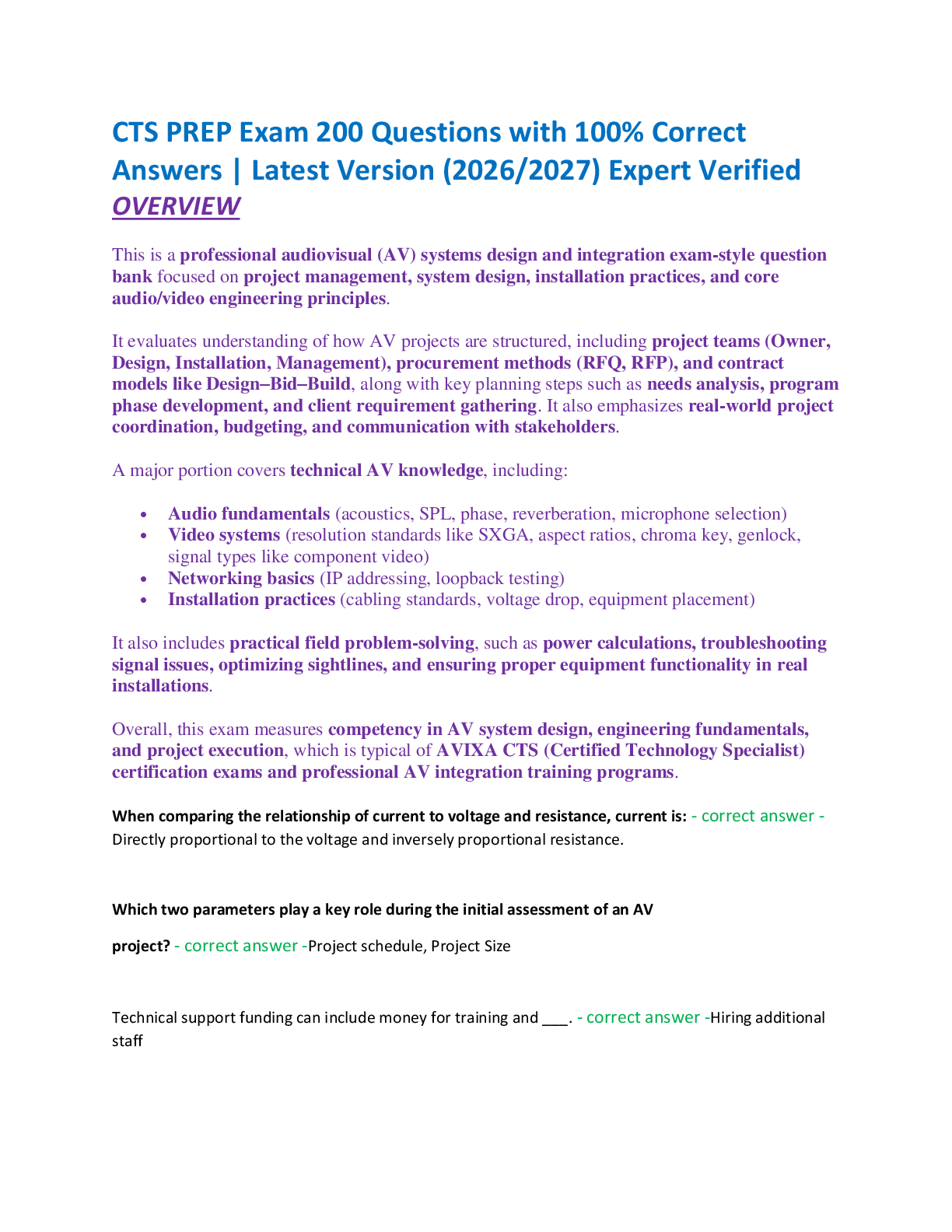 Recommended document preview for CTS PREP Exam 200 Questions with 100% Correct  Answers | Latest Version (2026/2027) Expert Verified