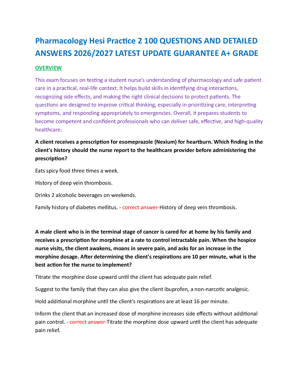 Preview image for Pharmacology Hesi Practice 2 100 QUESTIONS AND DETAILED  ANSWERS 2026/2027 LATEST UPDATE GUARANTEE A+ GRADE