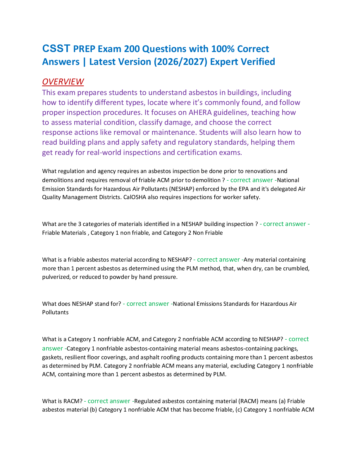 Recommended document preview for CSST PREP Exam 200 Questions with 100% Correct  Answers | Latest Version (2026/2027) Expert Verified