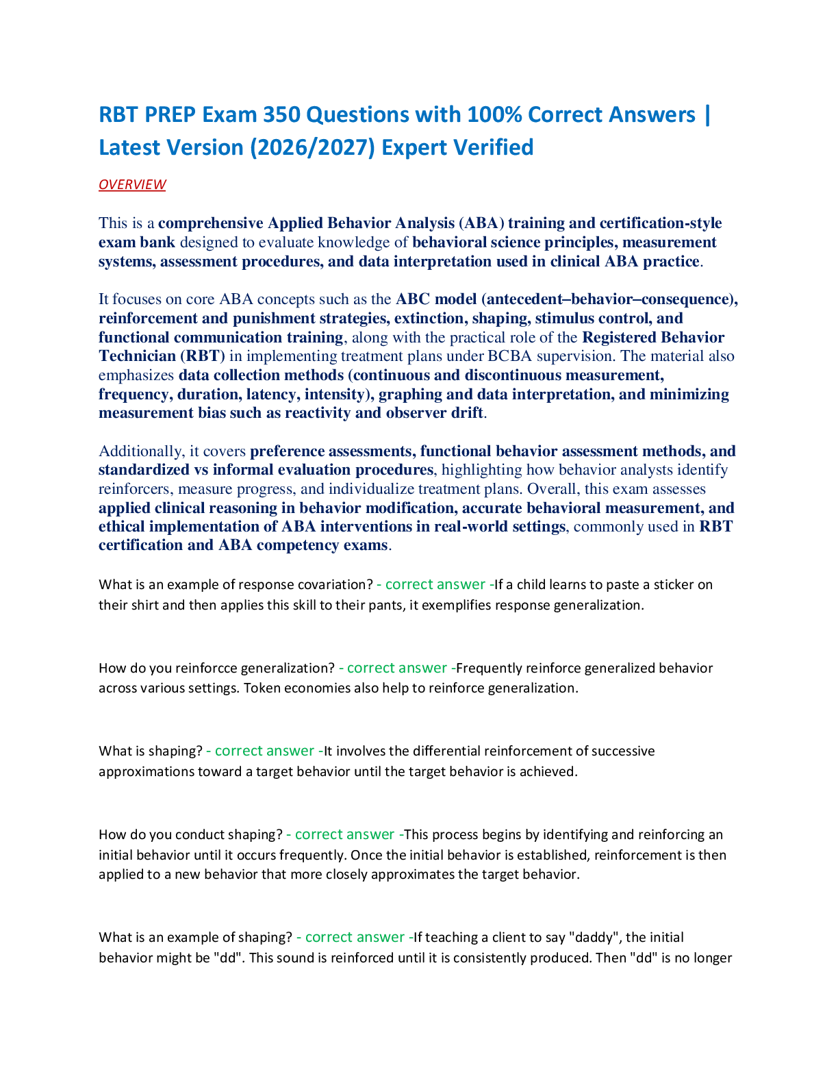 Recommended document preview for RBT PREP Exam 350 Questions with 100% Correct Answers |  Latest Version (2026/2027) Expert Verified