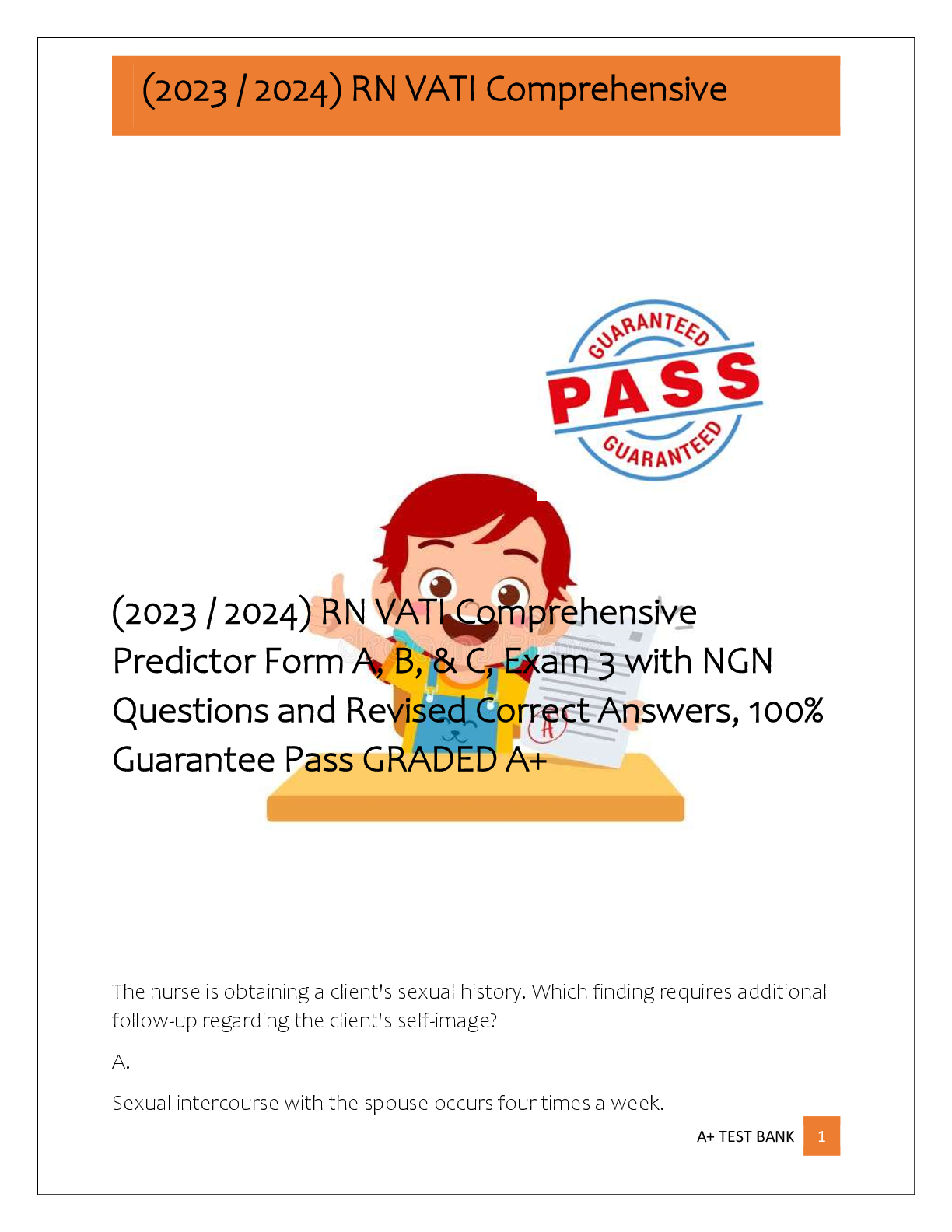 Preview of (2023 / 2024) RN VATI Comprehensive  Predictor Form A, B, & C, Exam 3 with NGN  Questions