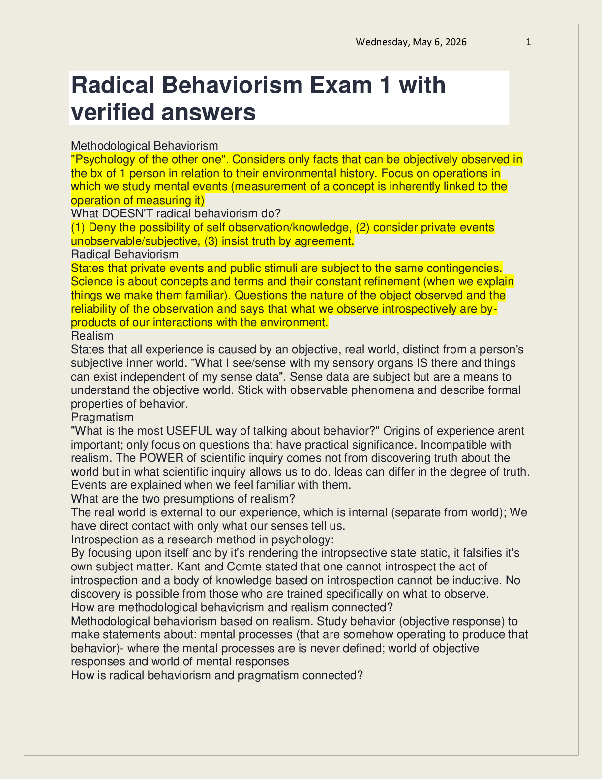 Radical Behaviorism Exam 1 with verified answers