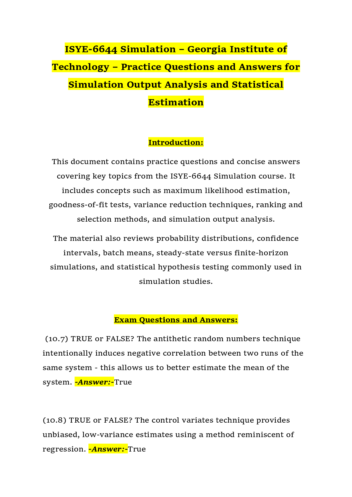 Preview of ISYE-6644 Simulation – Georgia Institute of Technology – Practice Questions and Answers for Simulation Output Analysis and Statistical Estimation