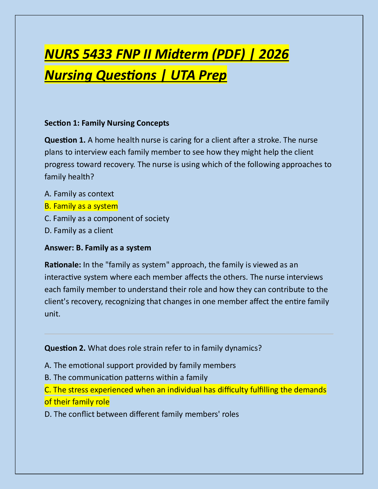 Recommended document preview for NURS 5433 FNP II Midterm (PDF) | 2026  Nursing Questions | UTA Prep