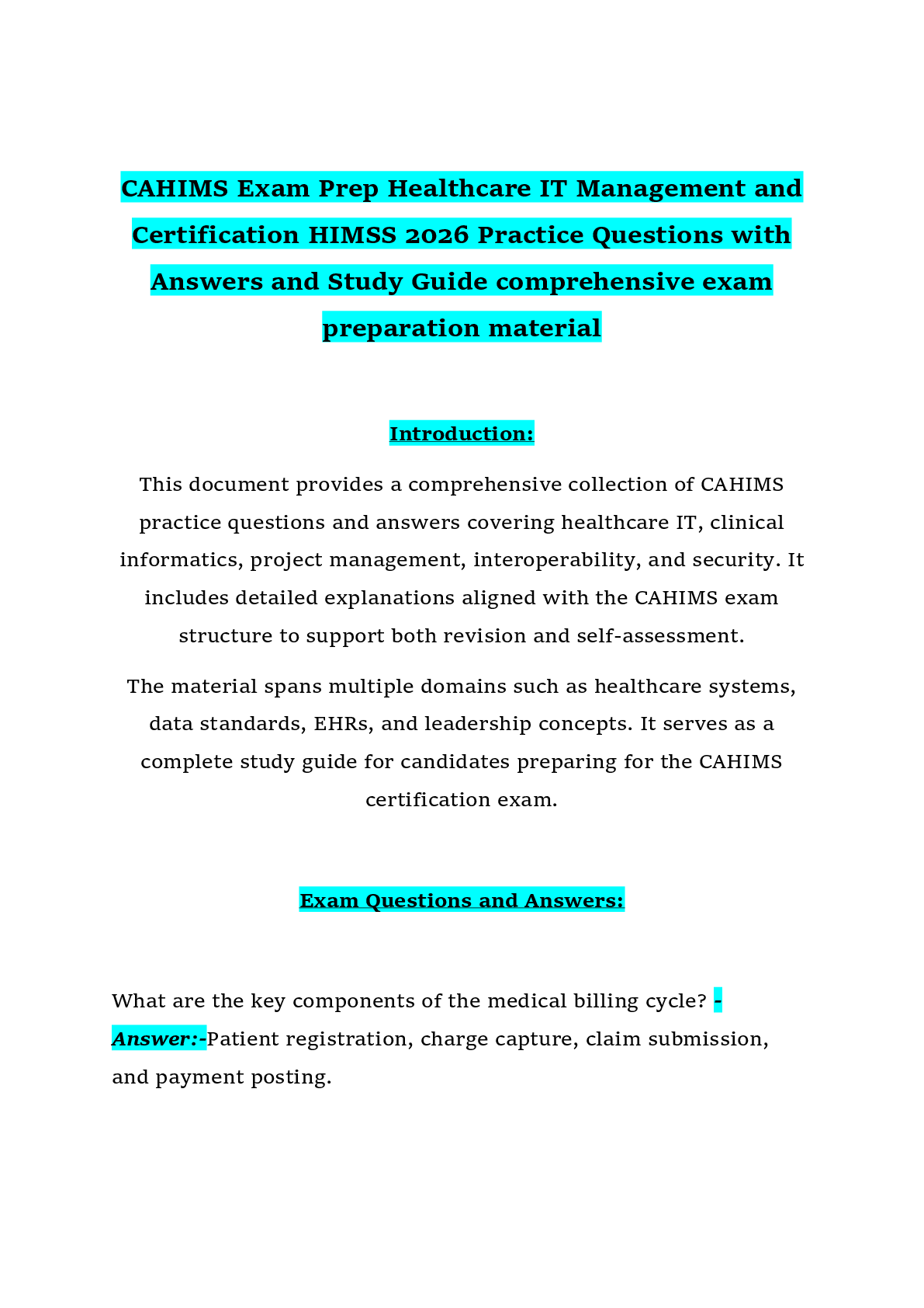 Preview of CAHIMS Exam Prep Healthcare IT Management and Certification HIMSS 2026 Practice Questions with Answers and Study Guide comprehensive exam preparation material