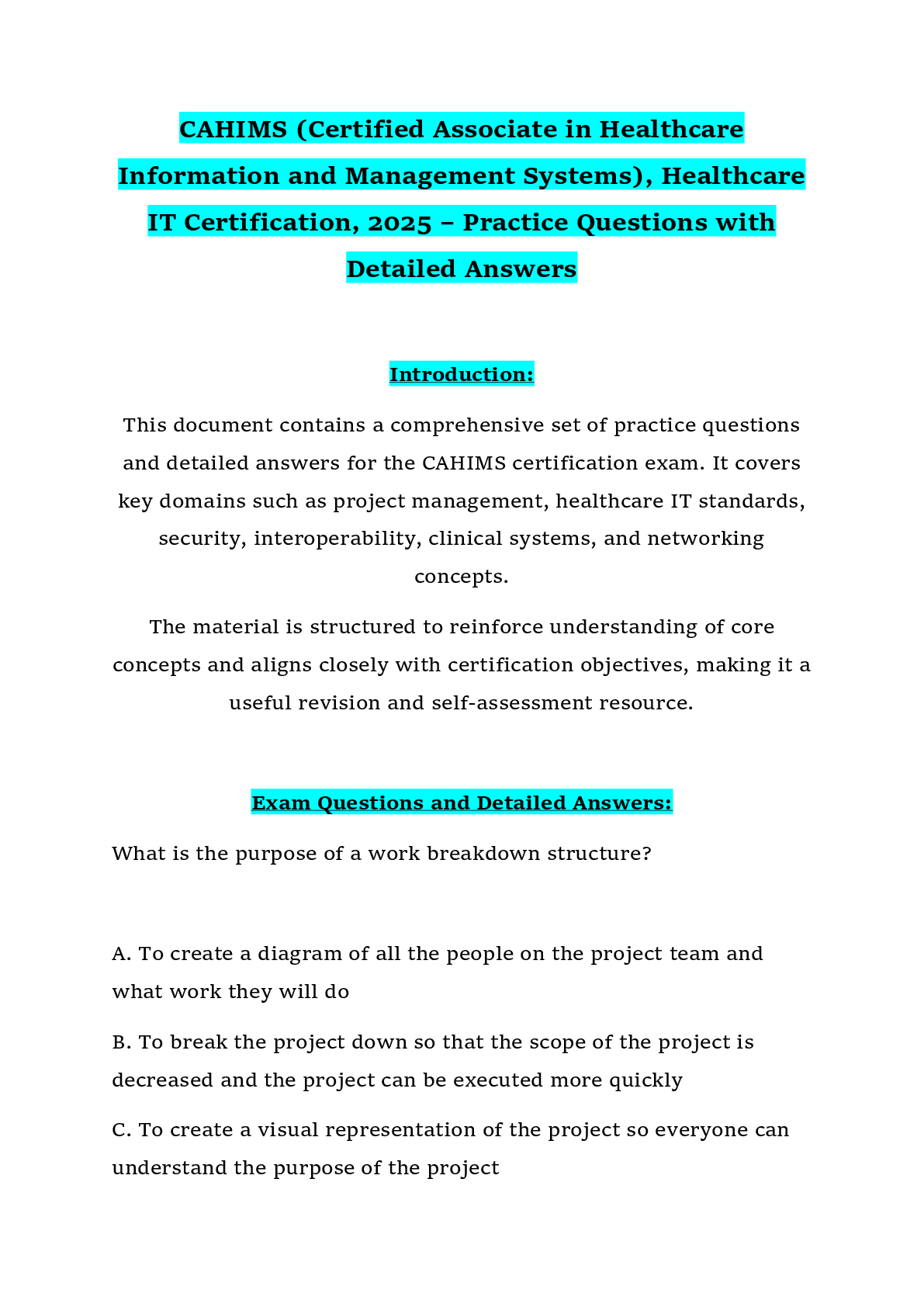 Preview of CAHIMS (Certified Associate in Healthcare Information and Management Systems), Healthcare IT Certification, 2025 – Practice Questions with Detailed Answers