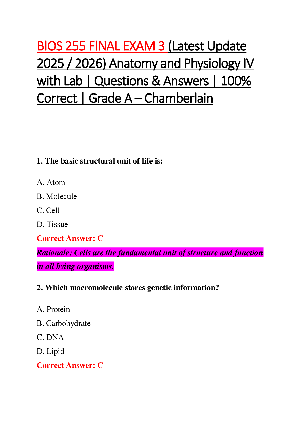 Preview image for BIOS 255 FINAL EXAM 3 (Latest Update  2025 / 2026) Anatomy and Physiology IV  with Lab | Questions & Answers | 100%  Correct | Grade A – Chamberlain