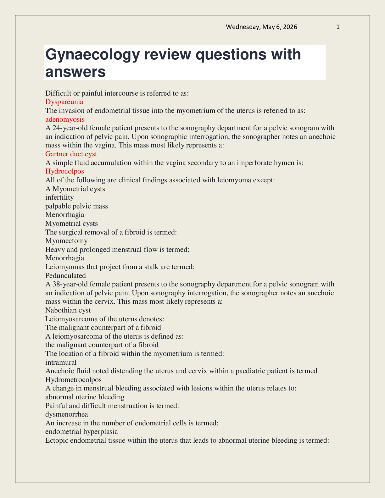 Preview of Gynaecology review questions with answers