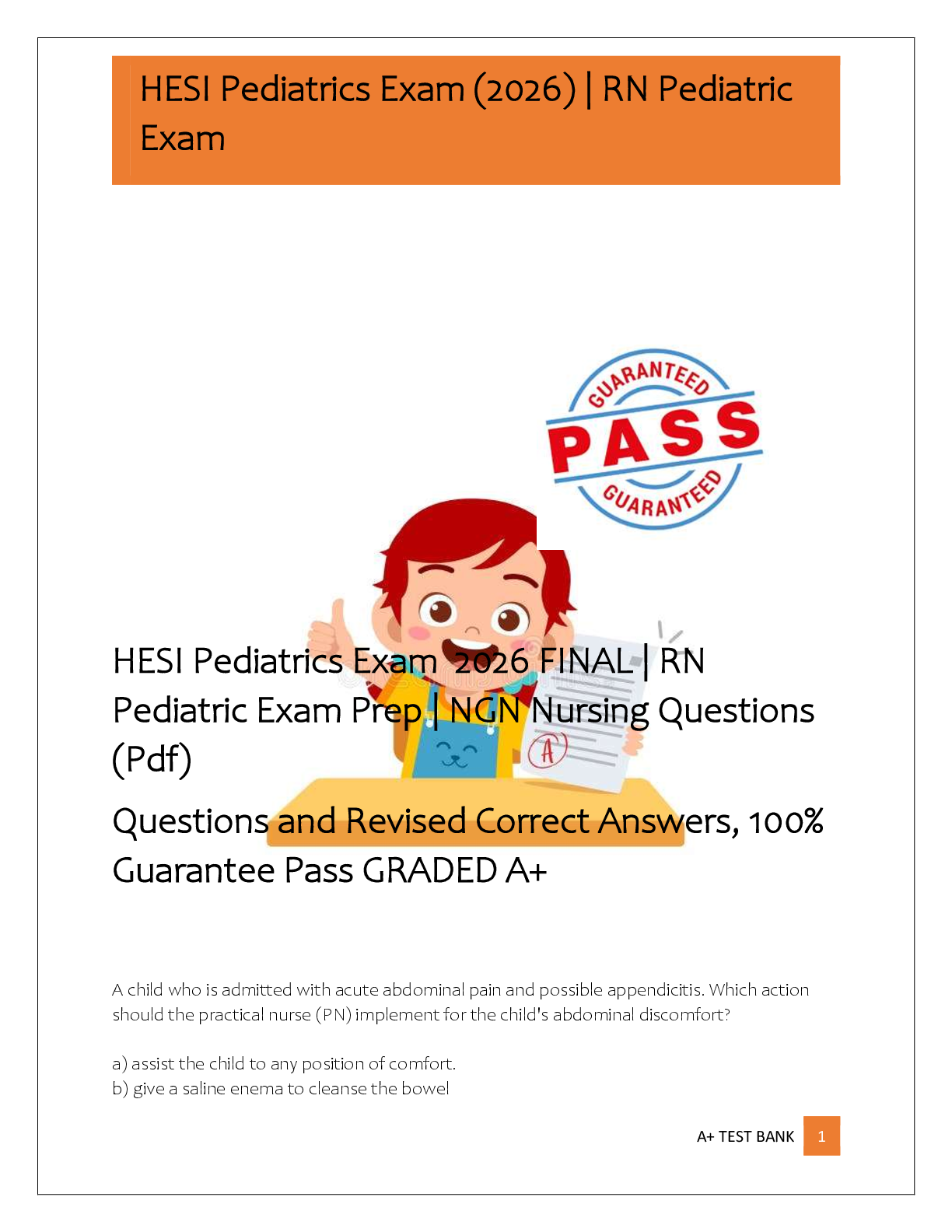 Preview image for HESI Pediatrics Exam  2026 FINAL | RN  Pediatric Exam Prep | NGN Nursing Questions  (Pdf)  Questions and Revised Correct Answers, 100%  Guarantee Pass GRADED A+