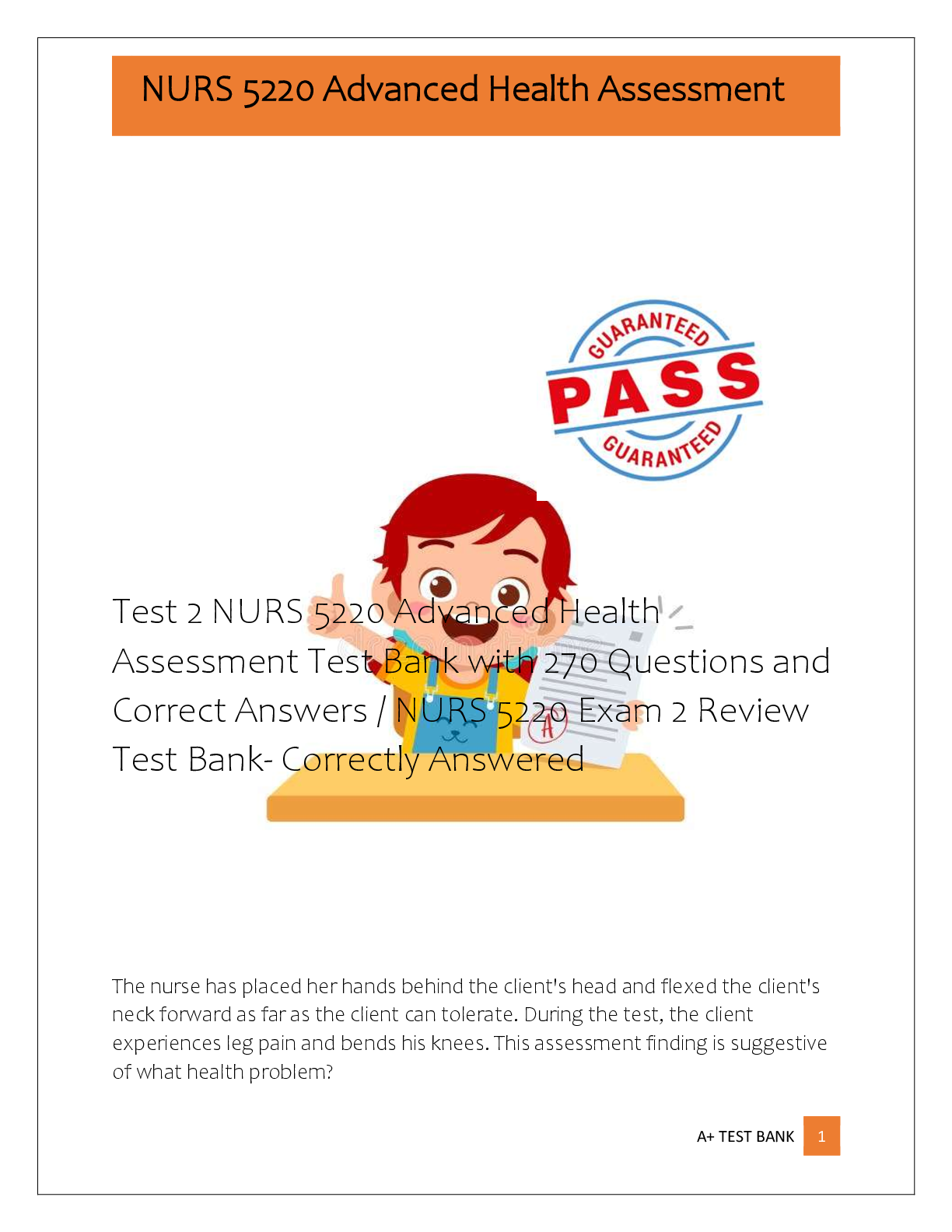 Preview of NURS 5220 Advanced Health  Assessment Test Bank with 270 Questions and  Correct Answers /
