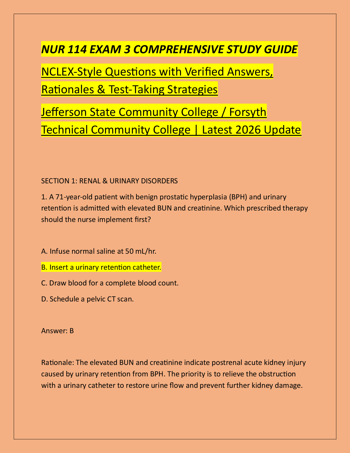 Recommended document preview for NUR 114 EXAM 3 COMPREHENSIVE STUDY GUIDE  NCLEX-Style Questions with Verified Answers,  Rationales & Test-Taking Strategies  Jefferson State Community College / Forsyth  Technical Community College | Latest 2026 Update