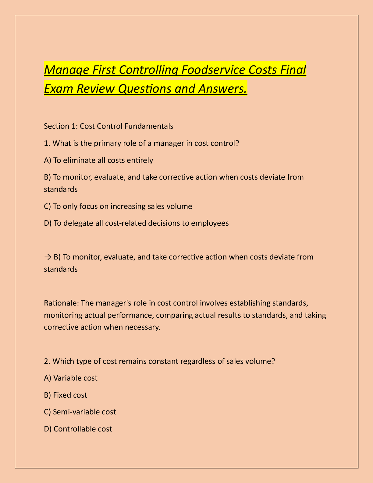 Preview of Manage First Controlling Foodservice Costs Final  Exam Review Questions and Answers.