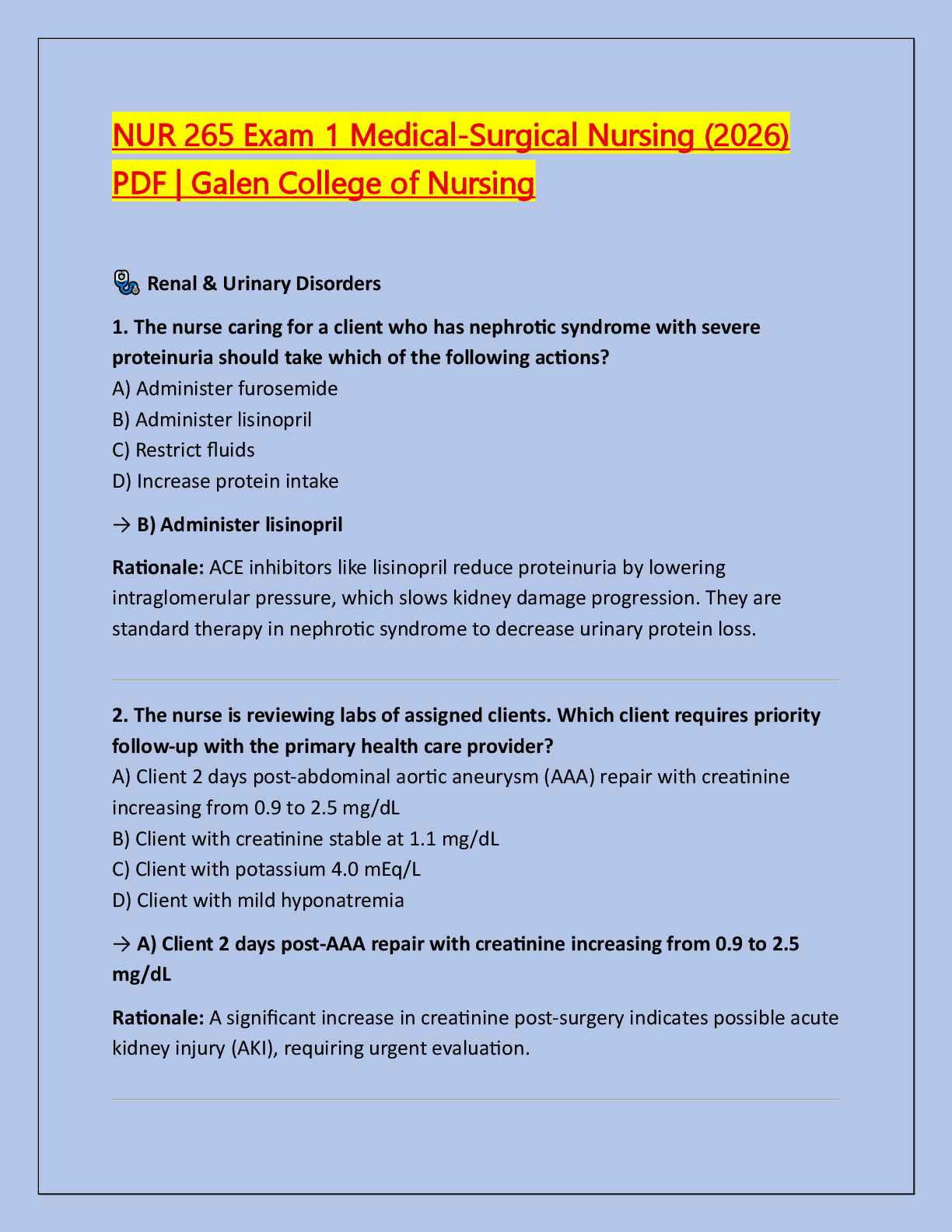 Recommended document preview for NUR 265 Exam 1 Medical-Surgical Nursing (2026)  PDF | Galen College of Nursing