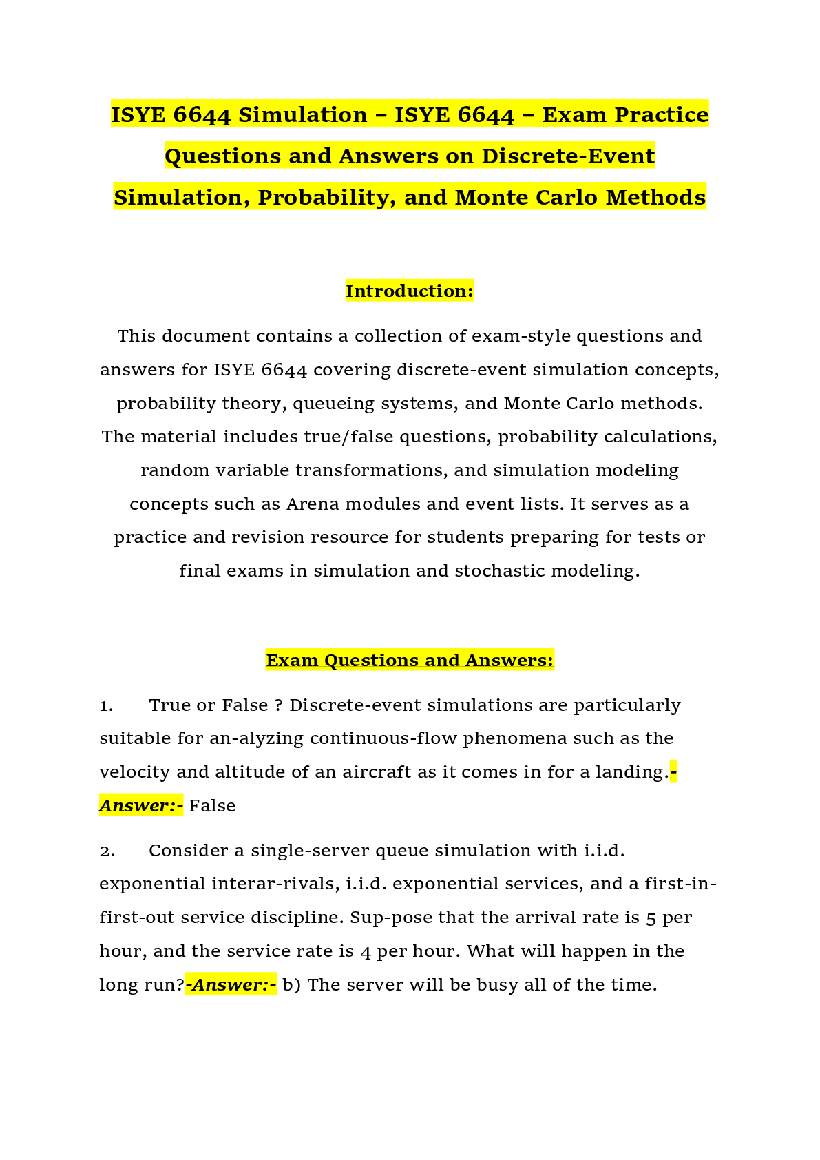 Preview of ISYE 6644 Simulation – ISYE 6644 – Exam Practice Questions and Answers on Discrete-Event Simulation, Probability, and Monte Carlo Methods
