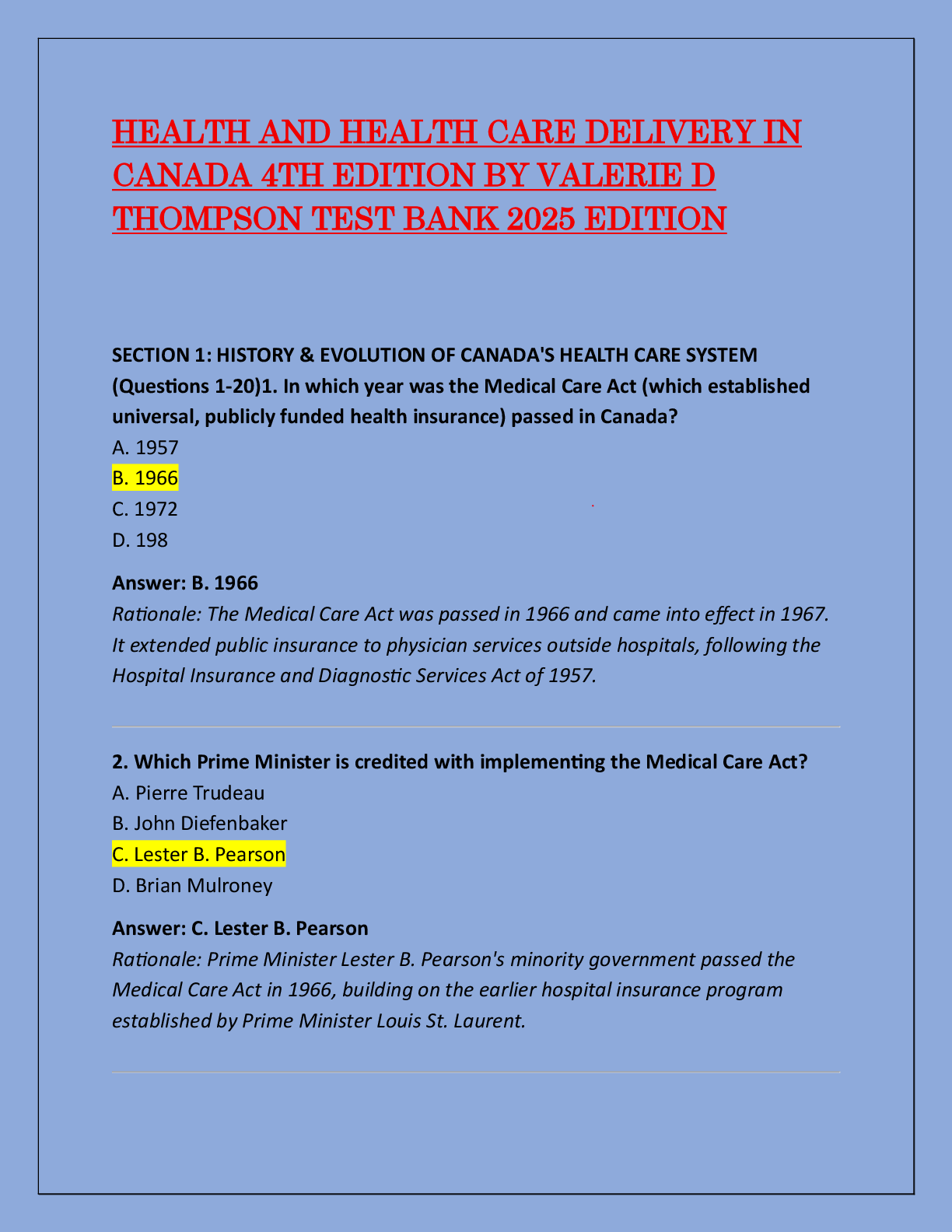 Recommended document preview for HEALTH AND HEALTH CARE DELIVERY IN  CANADA 4TH EDITION BY VALERIE D  THOMPSON TEST BANK 2025 EDITION