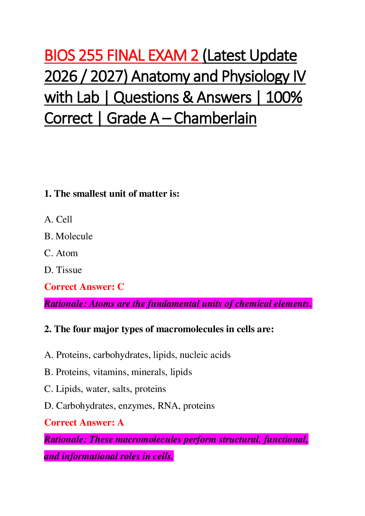 Preview image for BIOS 255 FINAL EXAM 2 (Latest Update  2026 / 2027) Anatomy and Physiology IV  with Lab | Questions & Answers | 100%  Correct | Grade A – Chamberlain
