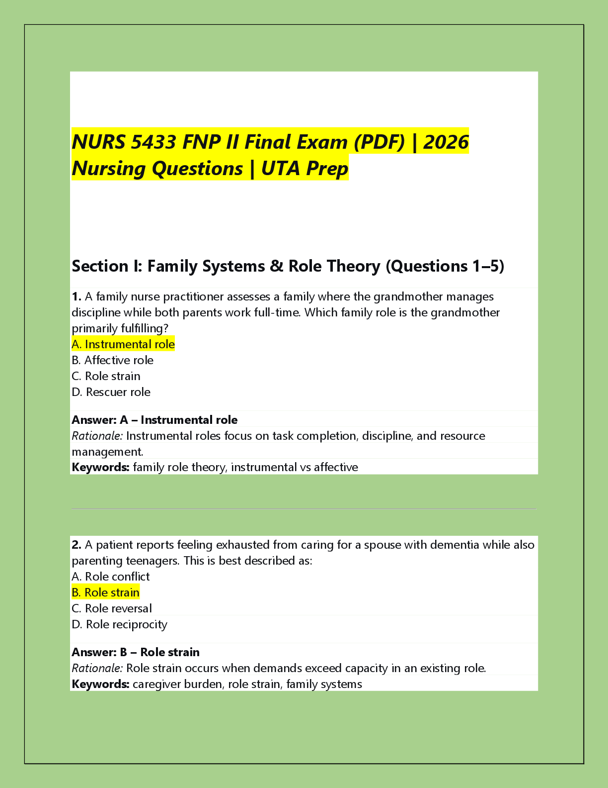 Recommended document preview for NURS 5433 FNP II Final Exam (PDF) | 2026  Nursing Questions | UTA Prep