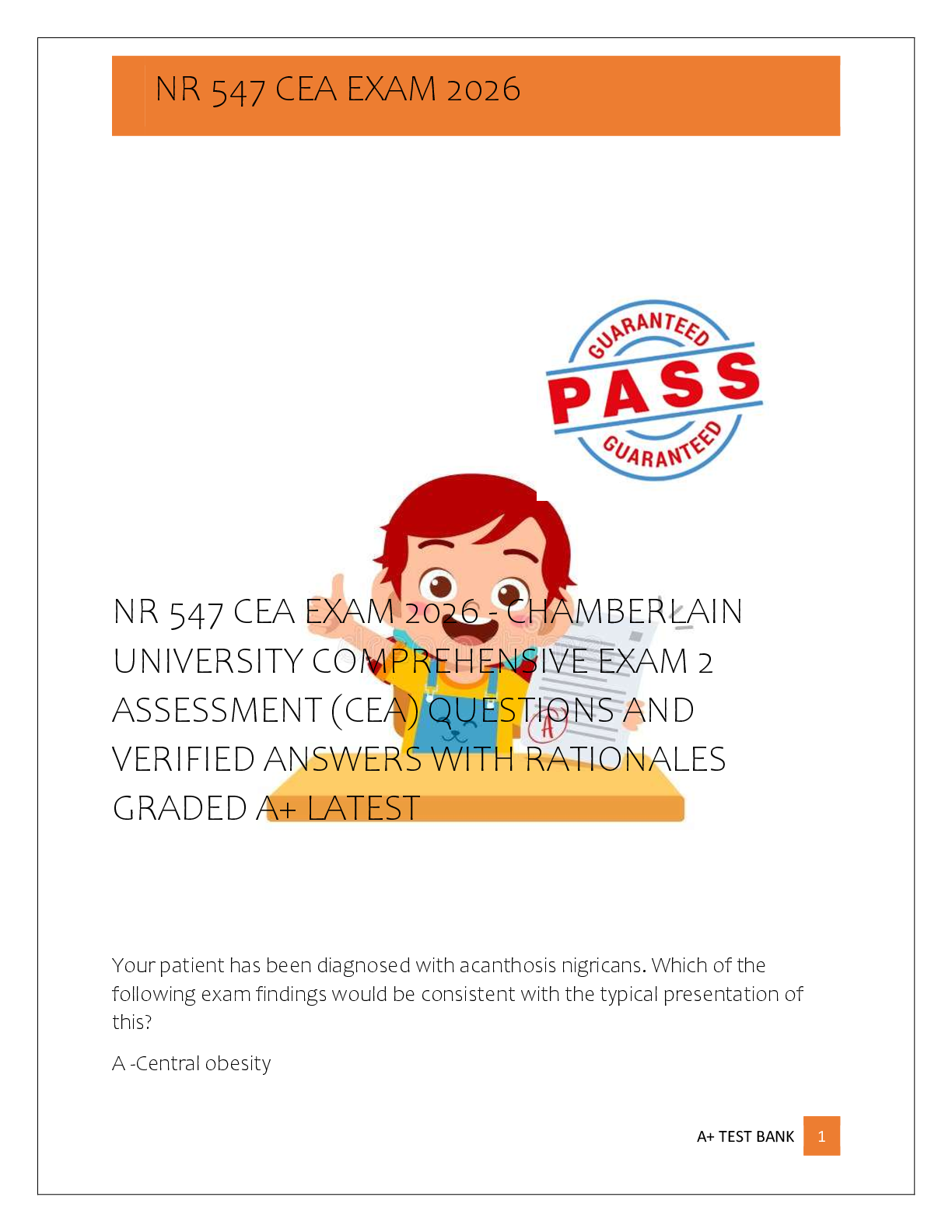 Preview of NR 547 CEA EXAM 2026 - CHAMBERLAIN  UNIVERSITY COMPREHENSIVE EXAM 2  ASSESSMENT (CEA) QUES