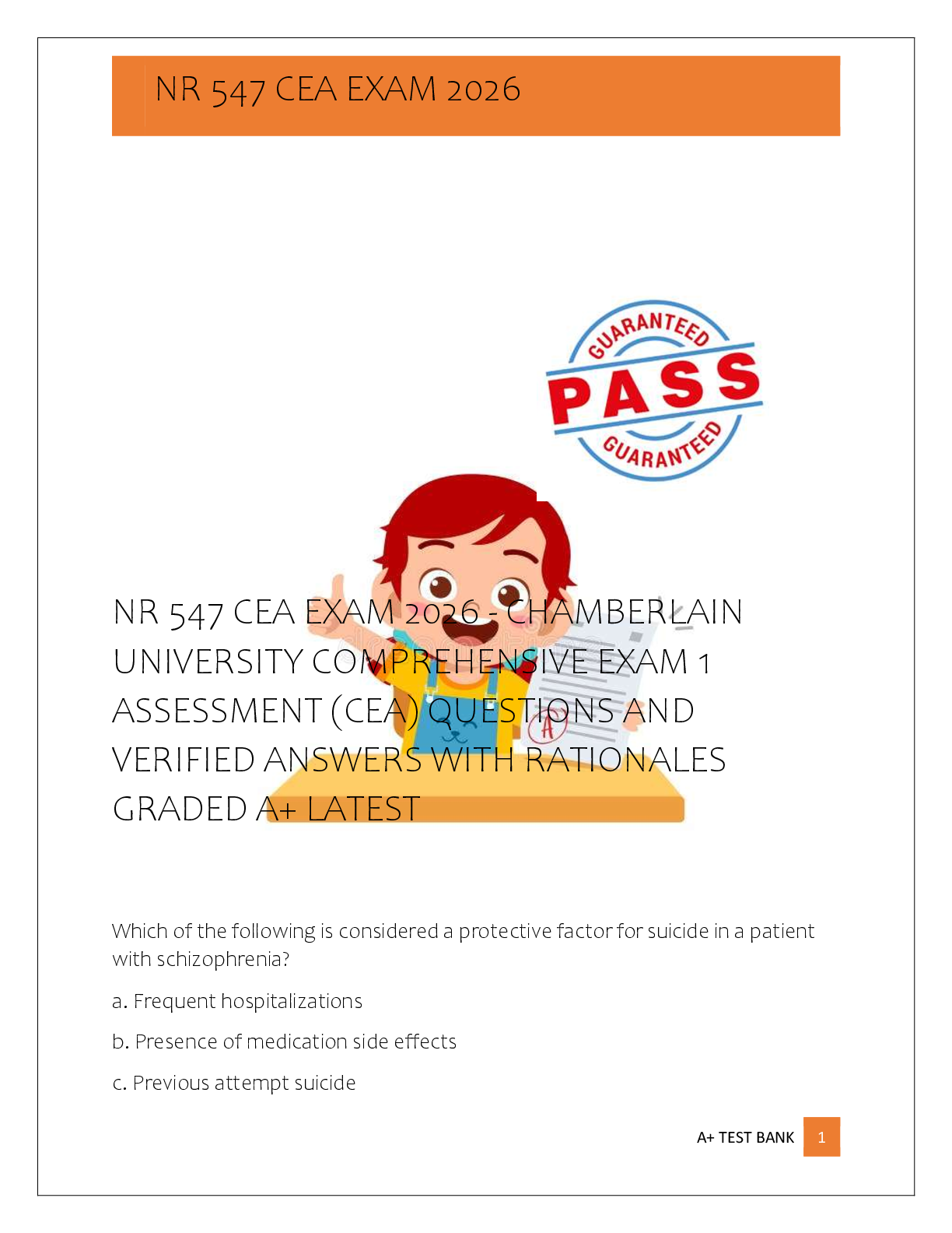 Preview of NR 547 CEA EXAM 2026 - CHAMBERLAIN  UNIVERSITY COMPREHENSIVE EXAM 1  ASSESSMENT (CEA) QUES