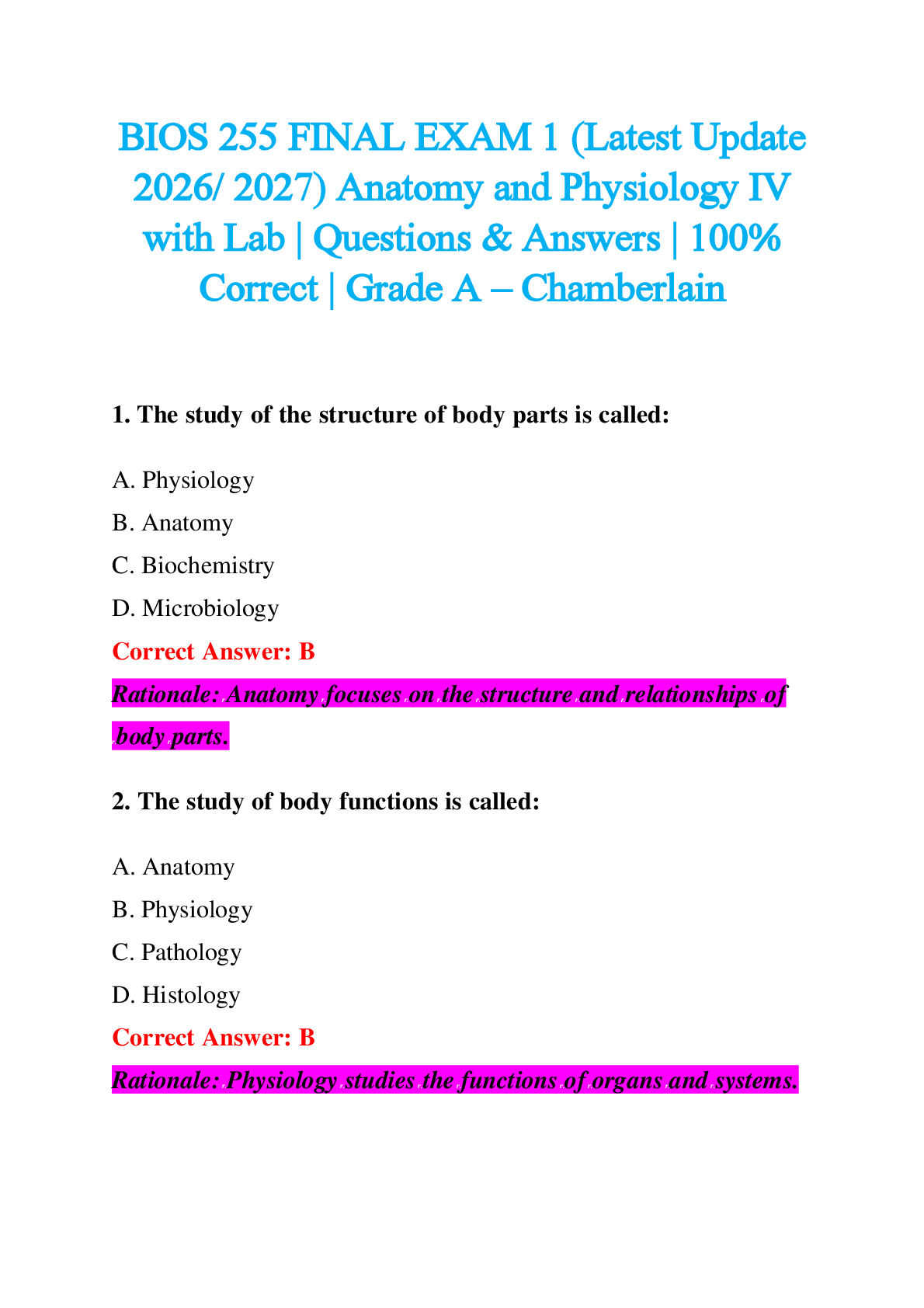 Preview image for BIOS 255 FINAL EXAM 1 (Latest Update  2026/ 2027) Anatomy and Physiology IV  with Lab | Questions & Answers | 100%  Correct | Grade A – Chamberlain