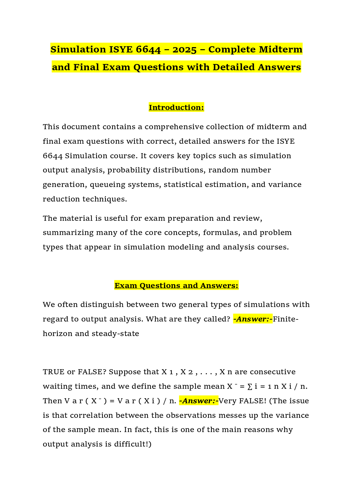 Preview of Simulation ISYE 6644 – 2025 – Complete Midterm and Final Exam Questions with Detailed Answers
