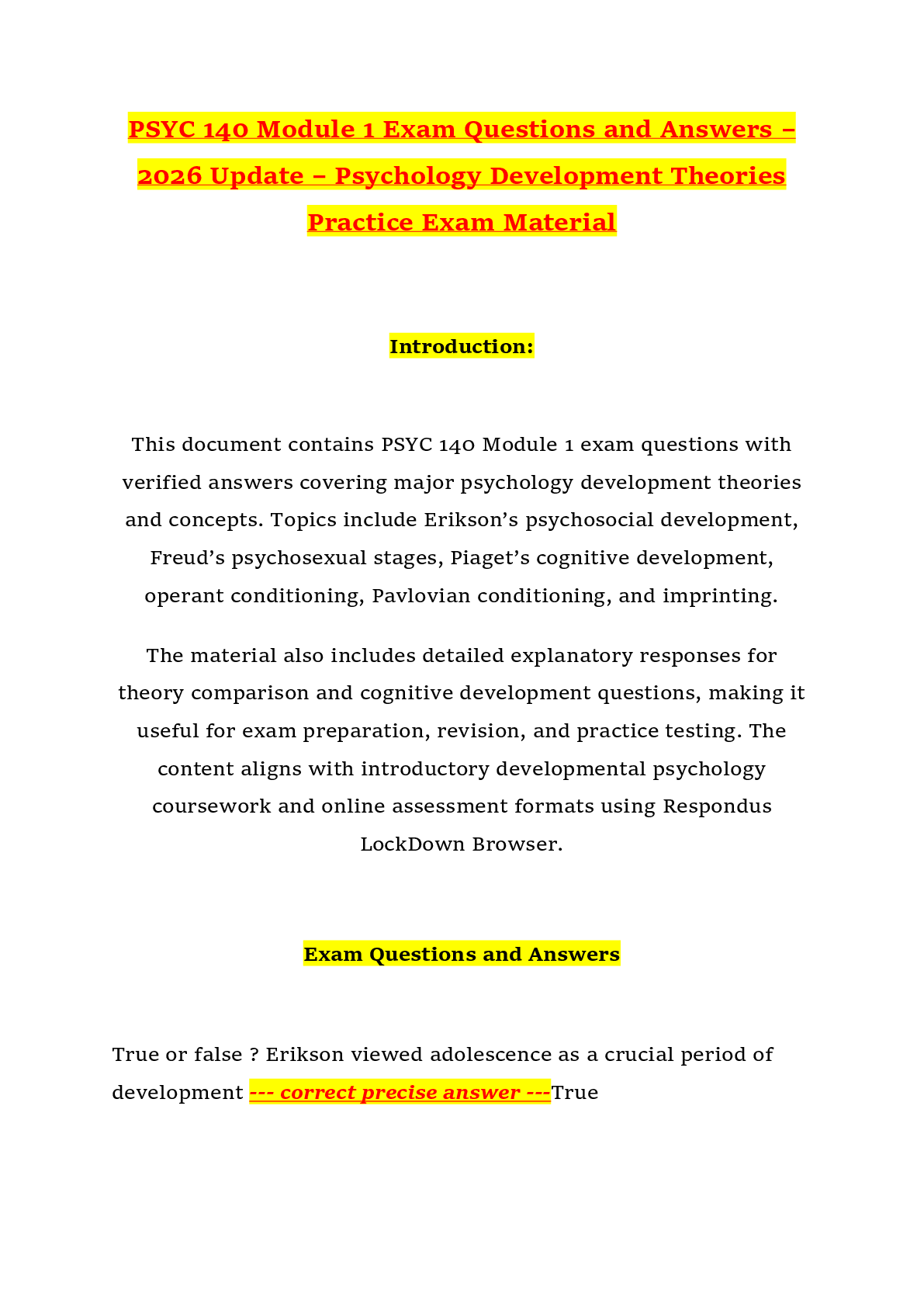Recommended document preview for PSYC 140 Module 1 Exam Questions and Answers – 2026 Update – Psychology Development Theories Practice Exam Material