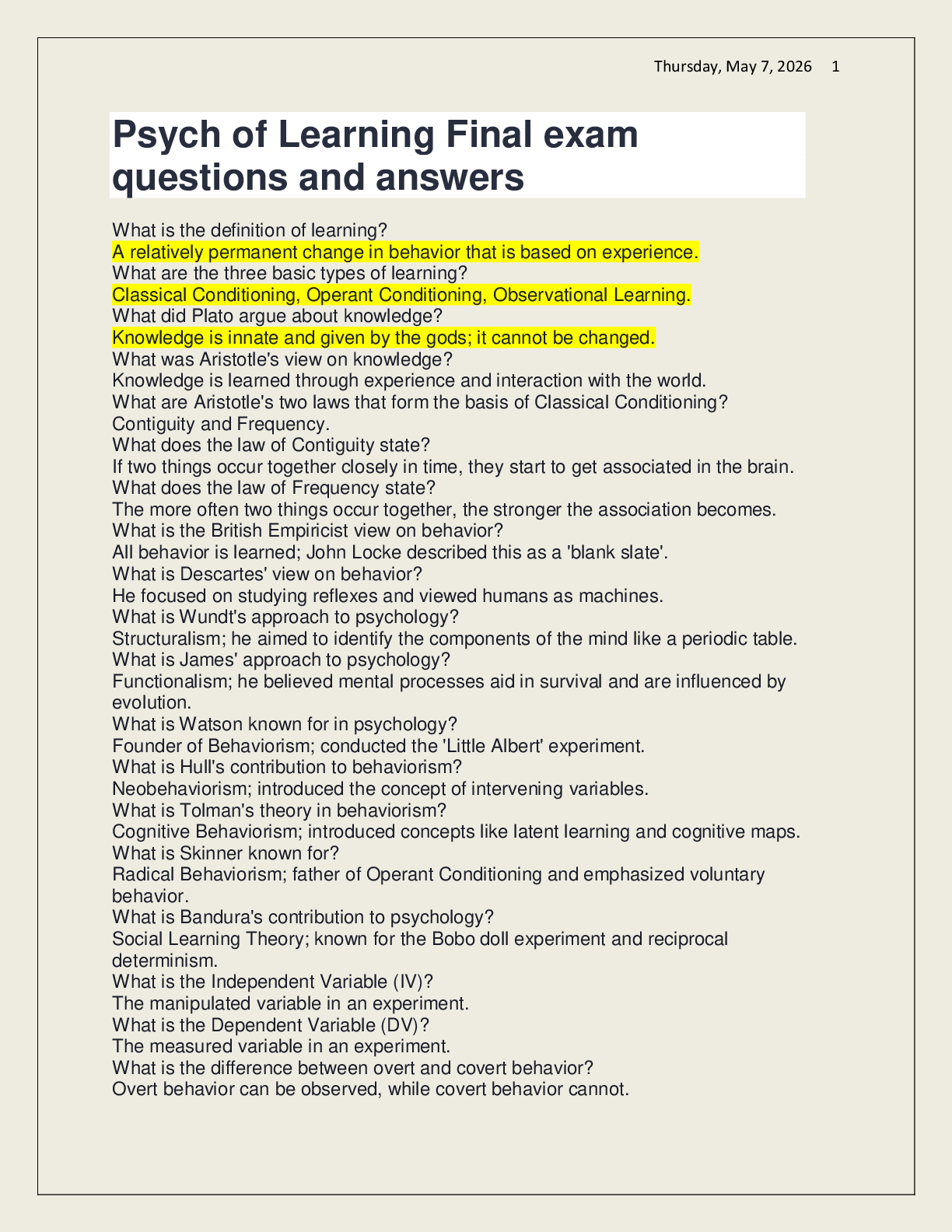 Recommended document preview for Psych of Learning Final exam questions and answers