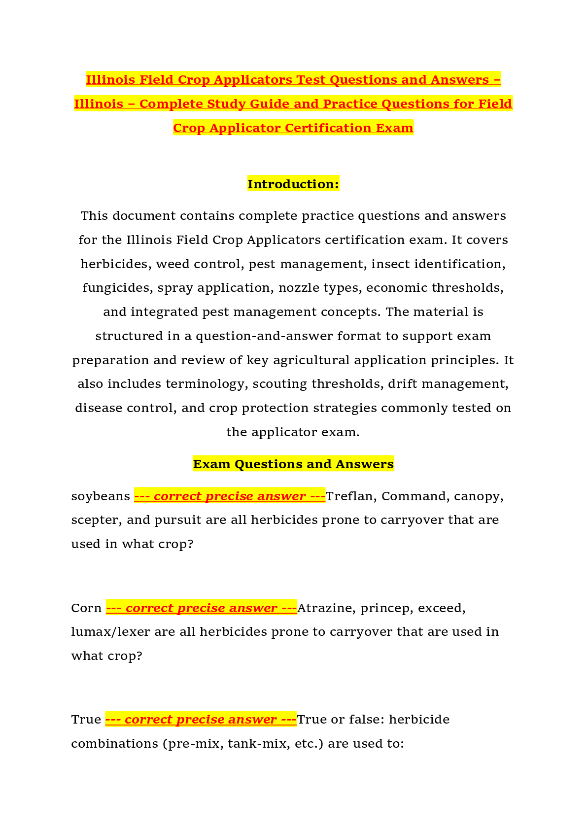 Recommended document preview for Illinois Field Crop Applicators Test Questions and Answers – Illinois – Complete Study Guide and Practice Questions for Field Crop Applicator Certification Exam