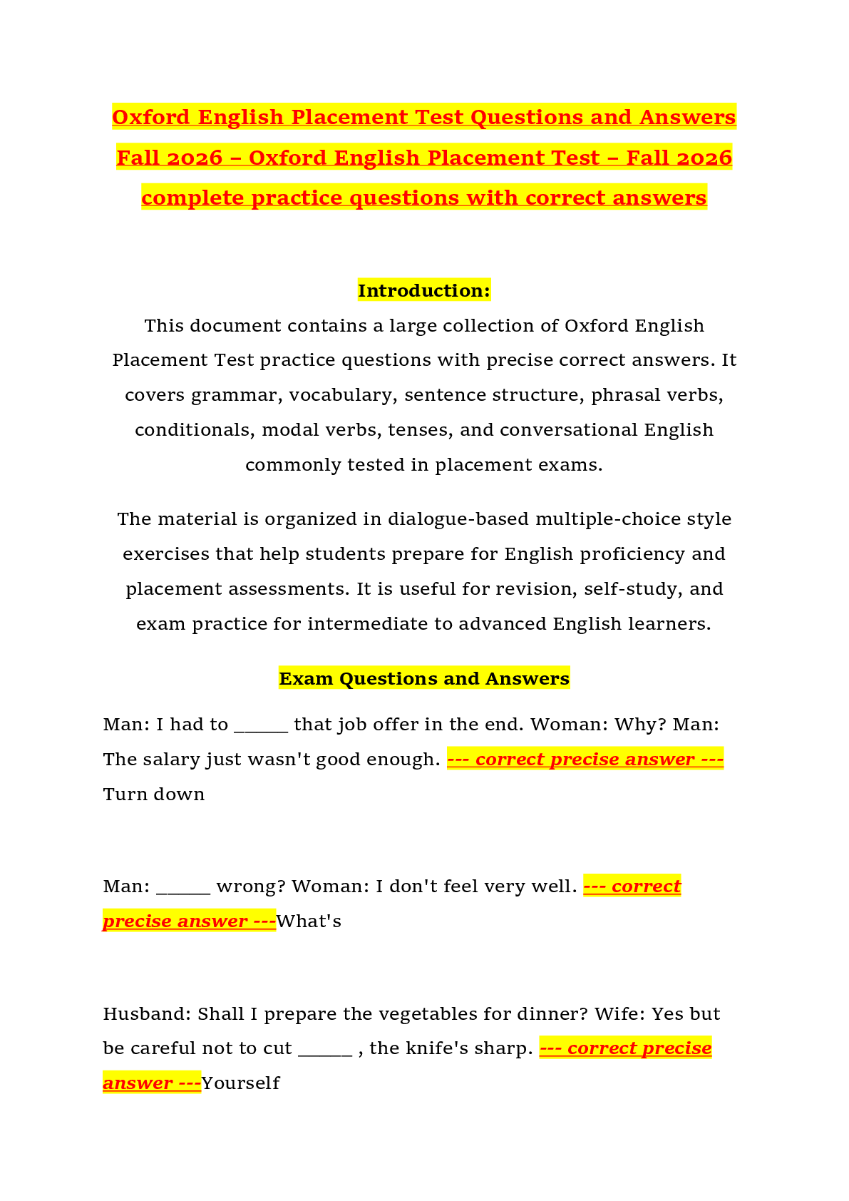 Recommended document preview for Oxford English Placement Test Questions and Answers Fall 2026 – Oxford English Placement Test – Fall 2026 complete practice questions with correct answers