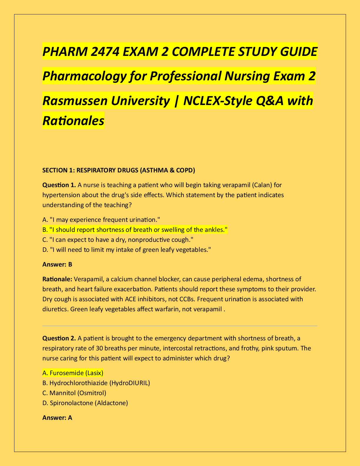 Recommended document preview for PHARM 2474 EXAM 2 COMPLETE STUDY GUIDE  Pharmacology for Professional Nursing Exam 2  Rasmussen University | NCLEX-Style Q&A with  Rationales