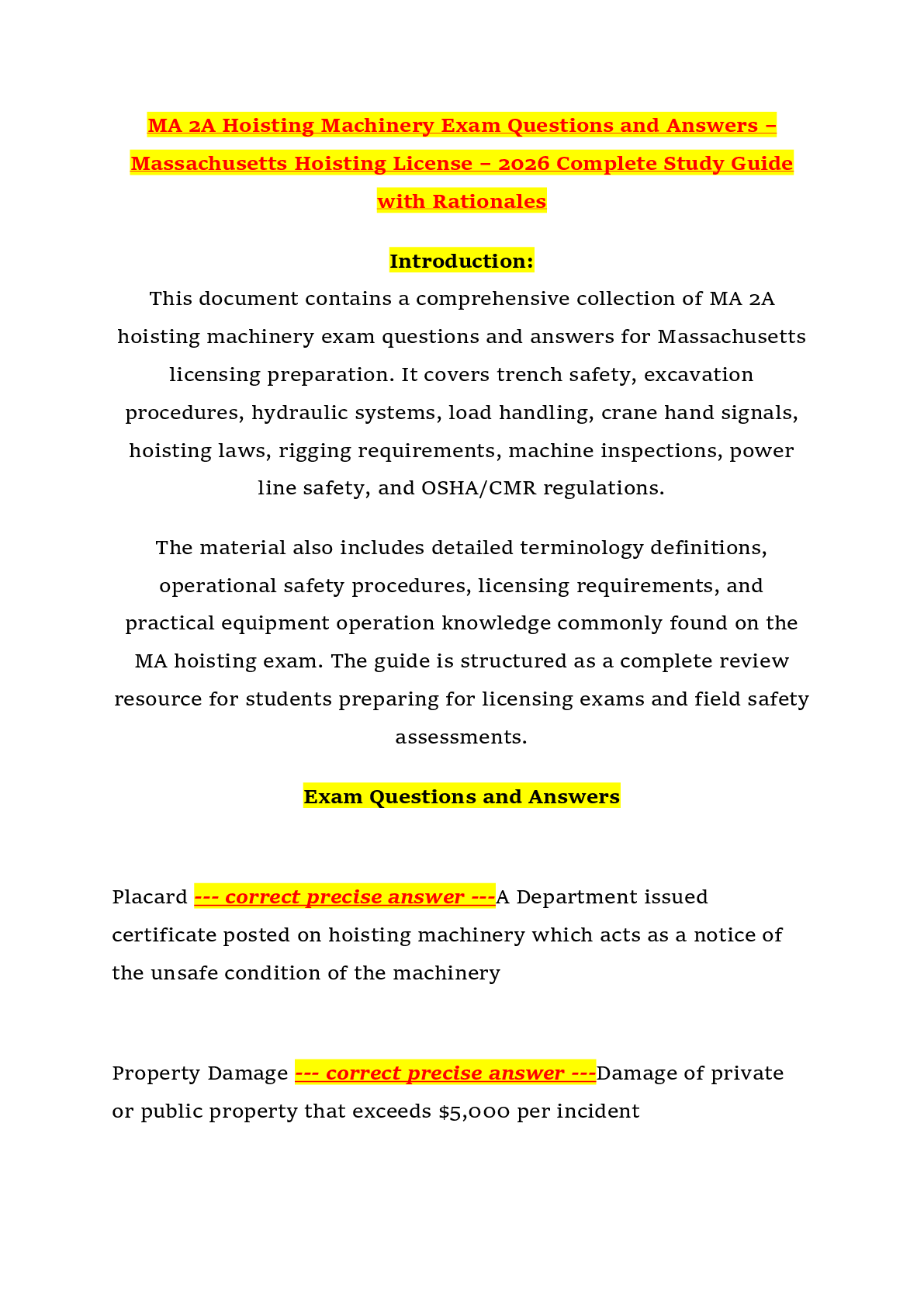 Recommended document preview for MA 2A Hoisting Machinery Exam Questions and Answers – Massachusetts Hoisting License – 2026 Complete Study Guide with Rationales