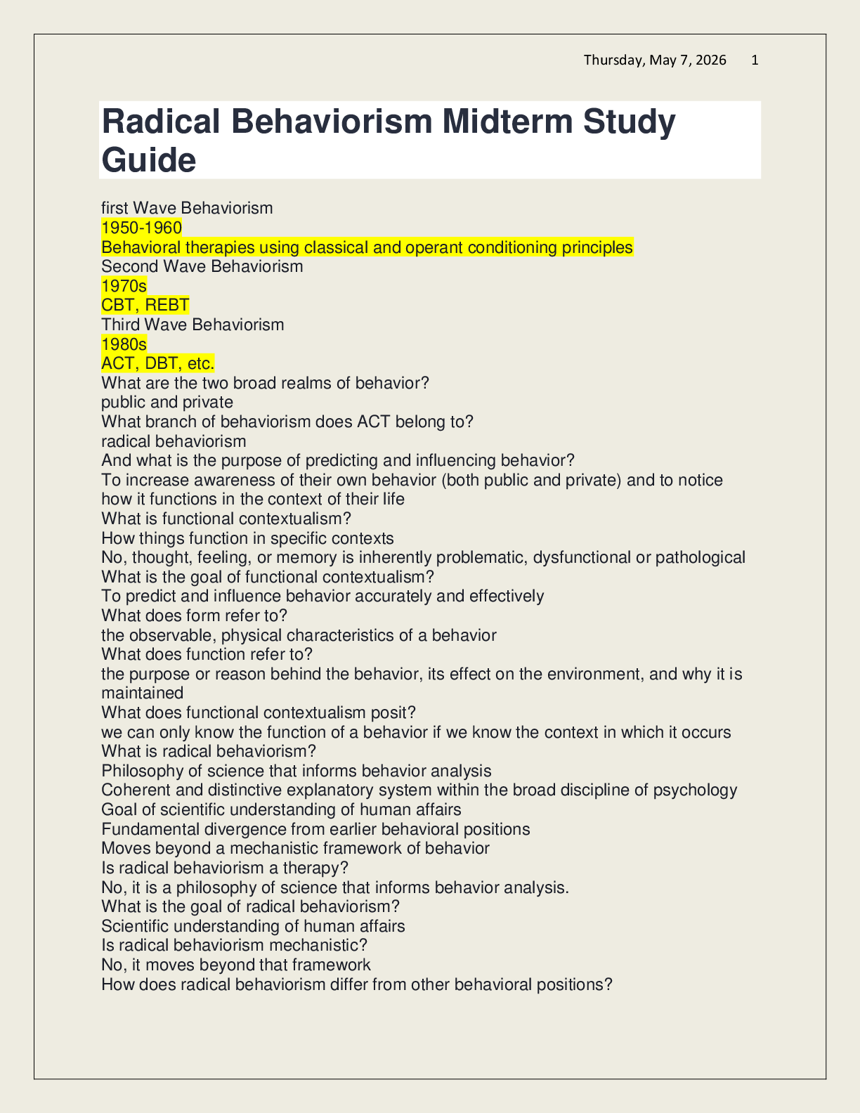 Recommended document preview for Radical Behaviorism Midterm Study Guide