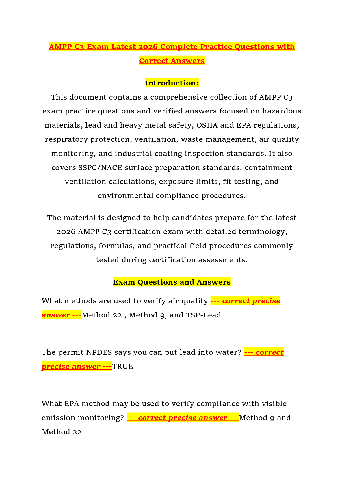 Recommended document preview for AMPP C3 Exam Latest 2026 Complete Practice Questions with Correct Answers