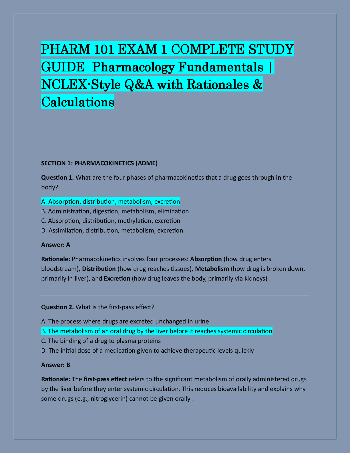 Recommended document preview for PHARM 101 EXAM 1 COMPLETE STUDY  GUIDE  Pharmacology Fundamentals |  NCLEX-Style Q&A with Rationales &  Calculations