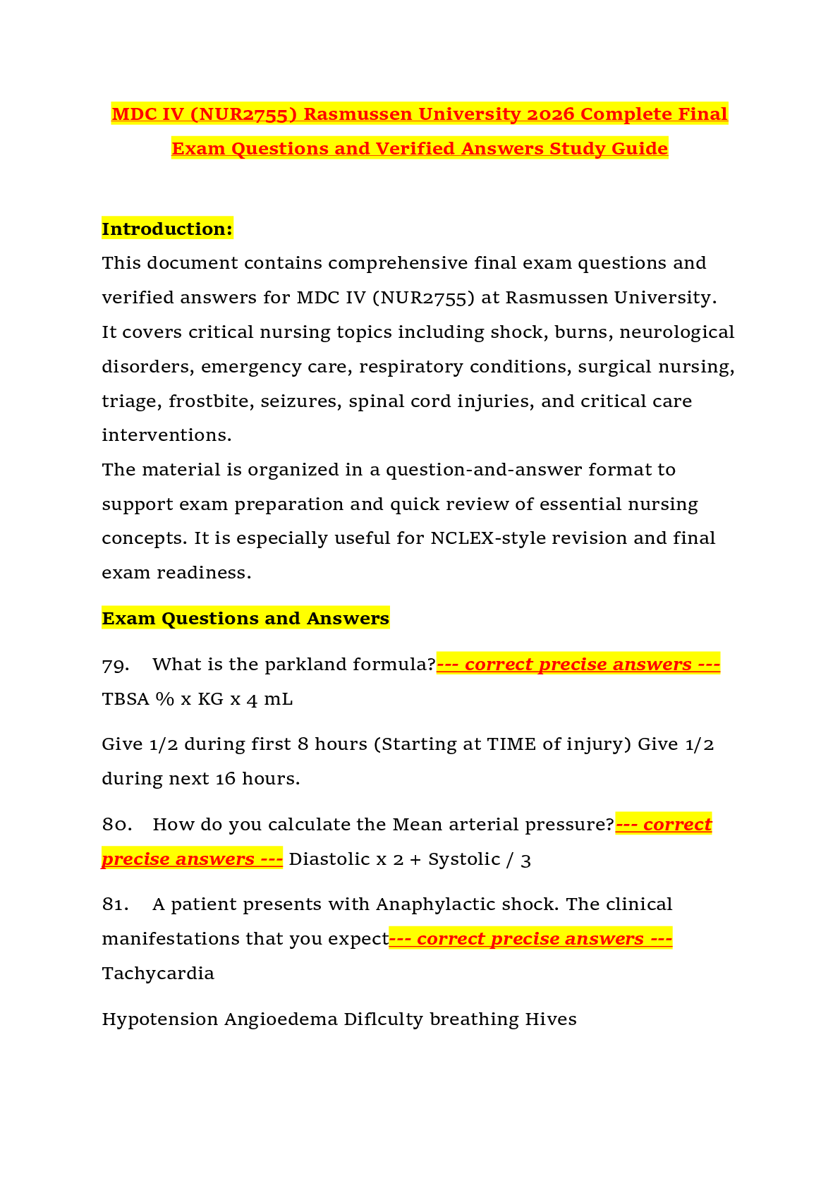 MDC IV (NUR2755) Rasmussen University 2026 Complete Final Exam Questions and Verified Answers Study Guide