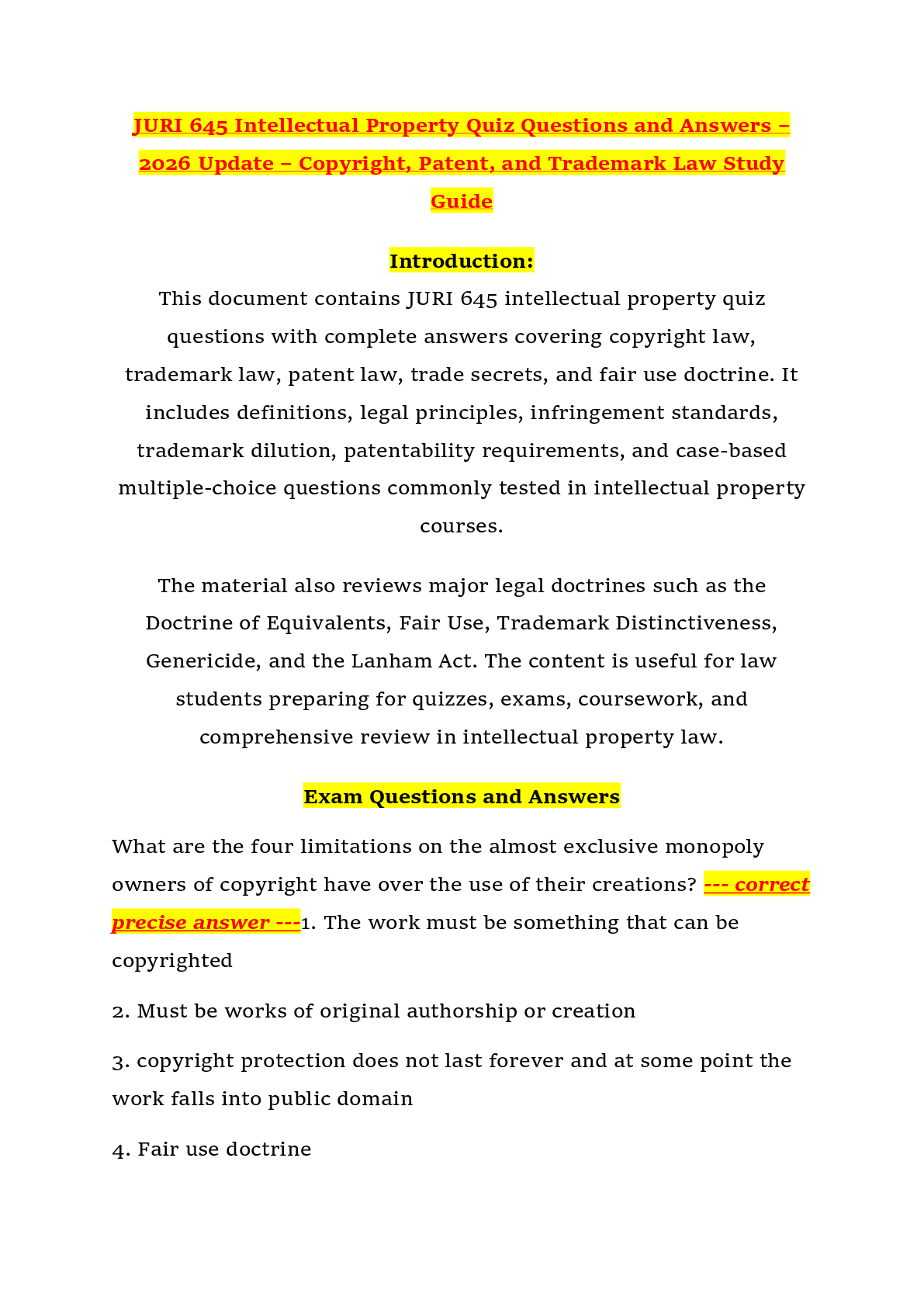 Recommended document preview for JURI 645 Intellectual Property Quiz Questions and Answers – 2026 Update – Copyright, Patent, and Trademark Law Study Guide