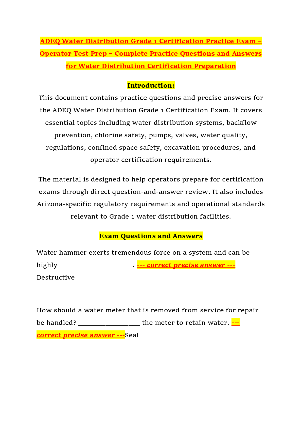 Recommended document preview for ADEQ Water Distribution Grade 1 Certification Practice Exam – Operator Test Prep – Complete Practice Questions and Answers for Water Distribution Certification Preparation
