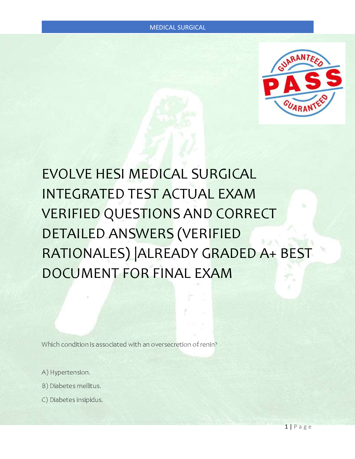 Preview image for EVOLVE HESI MEDICAL SURGICAL  INTEGRATED TEST ACTUAL EXAM    VERIFIED QUESTIONS AND CORRECT  DETAILED ANSWERS (VERIFIED  RATIONALES) |ALREADY GRADED A+ BEST  DOCUMENT FOR FINAL EXAM